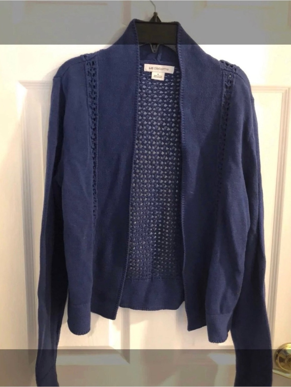 Liz Claiborne Blue Open-Front Crochet-Panel Cardigan
